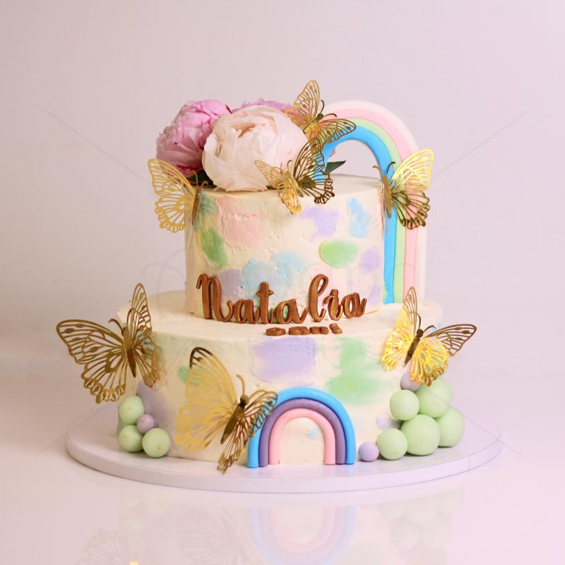 Tort Fluturi aurii si Flori in Frosting